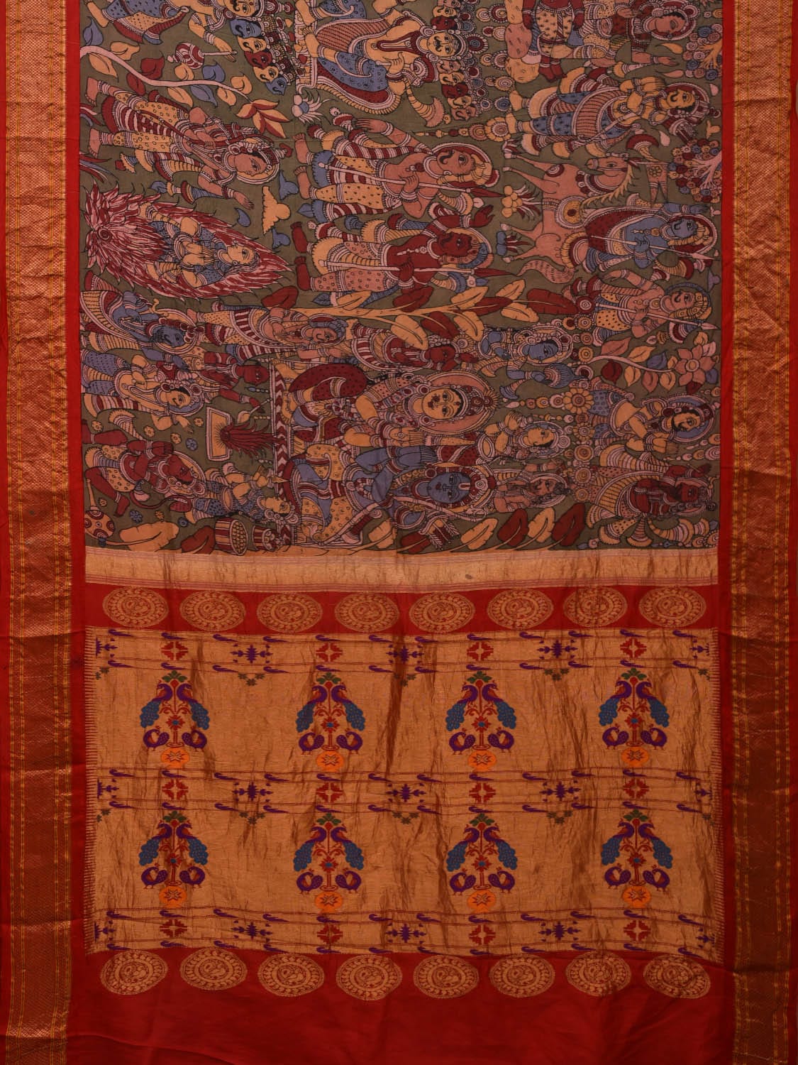 Green Kalamkari Hand Painted Paithani Silk Handloom Saree with Ramayan Story Design KL0675