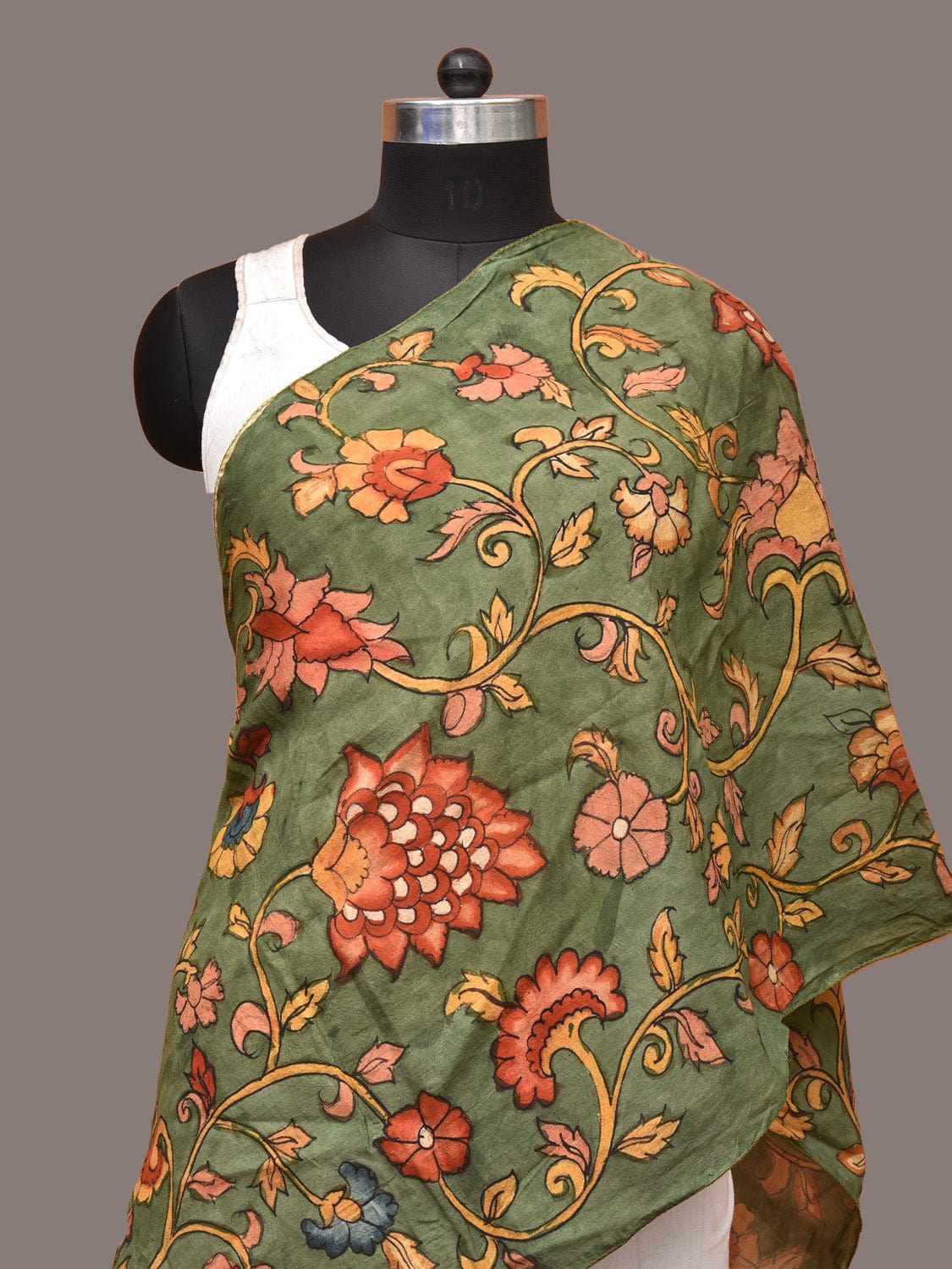 Green Kalamkari Hand Painted Sico Stole with Floral Design ds3308