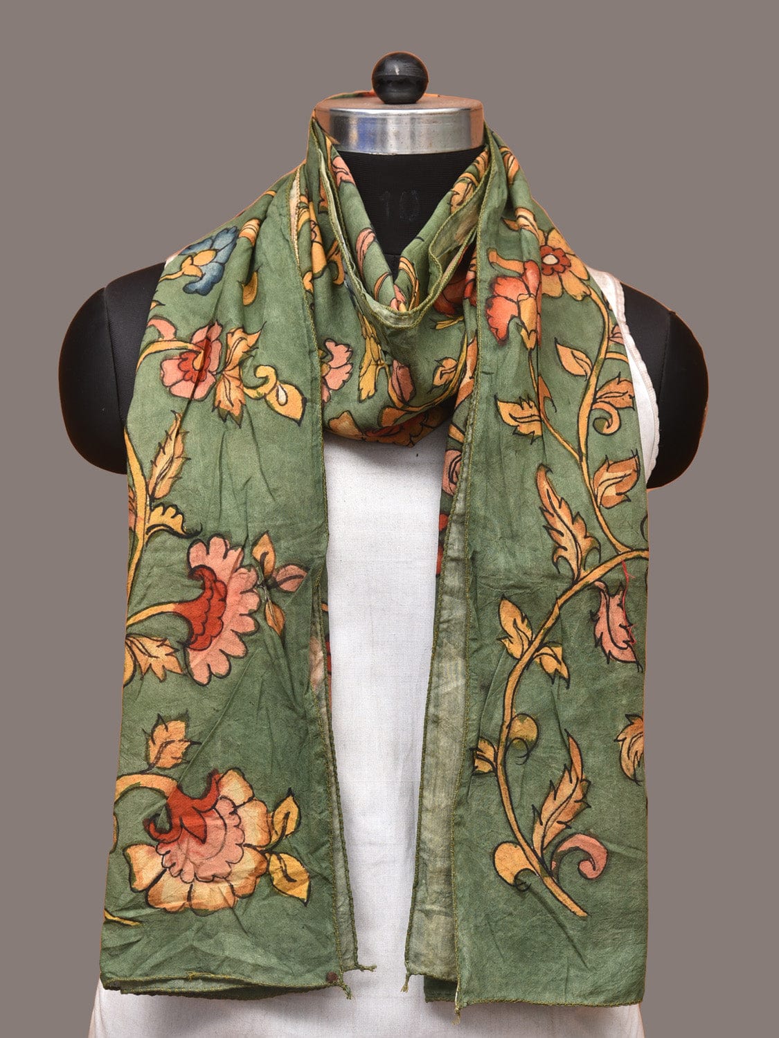 Green Kalamkari Hand Painted Sico Stole with Floral Design ds3308