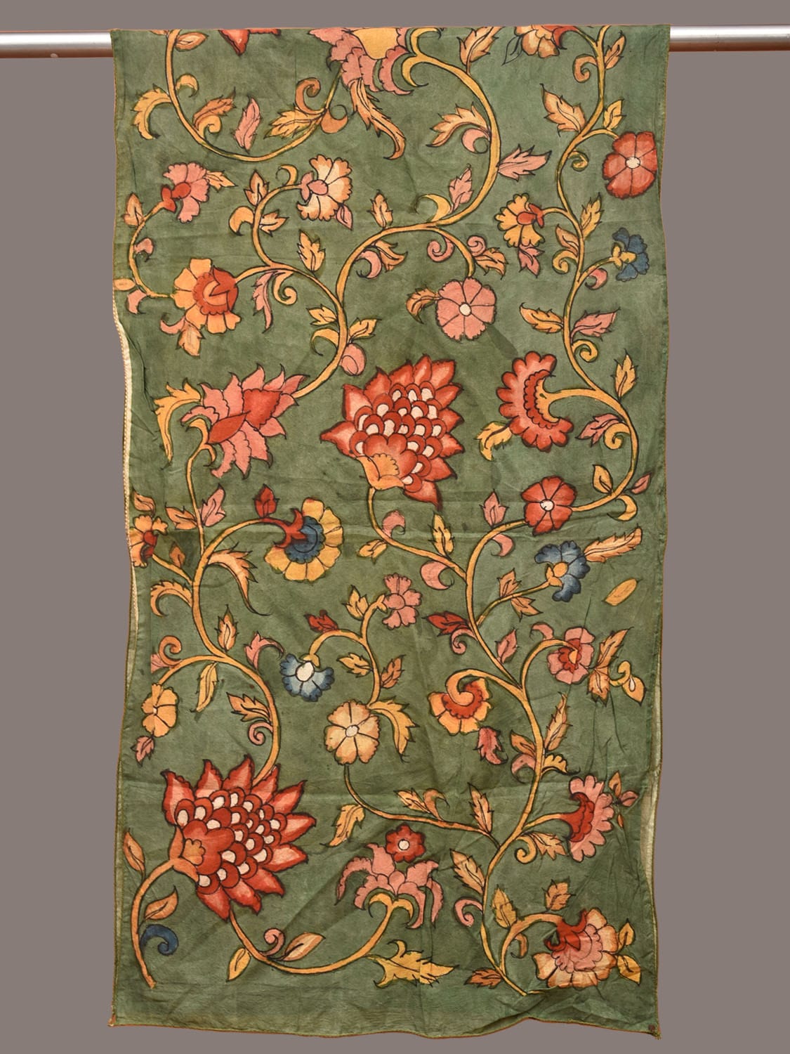 Green Kalamkari Hand Painted Sico Stole with Floral Design ds3308