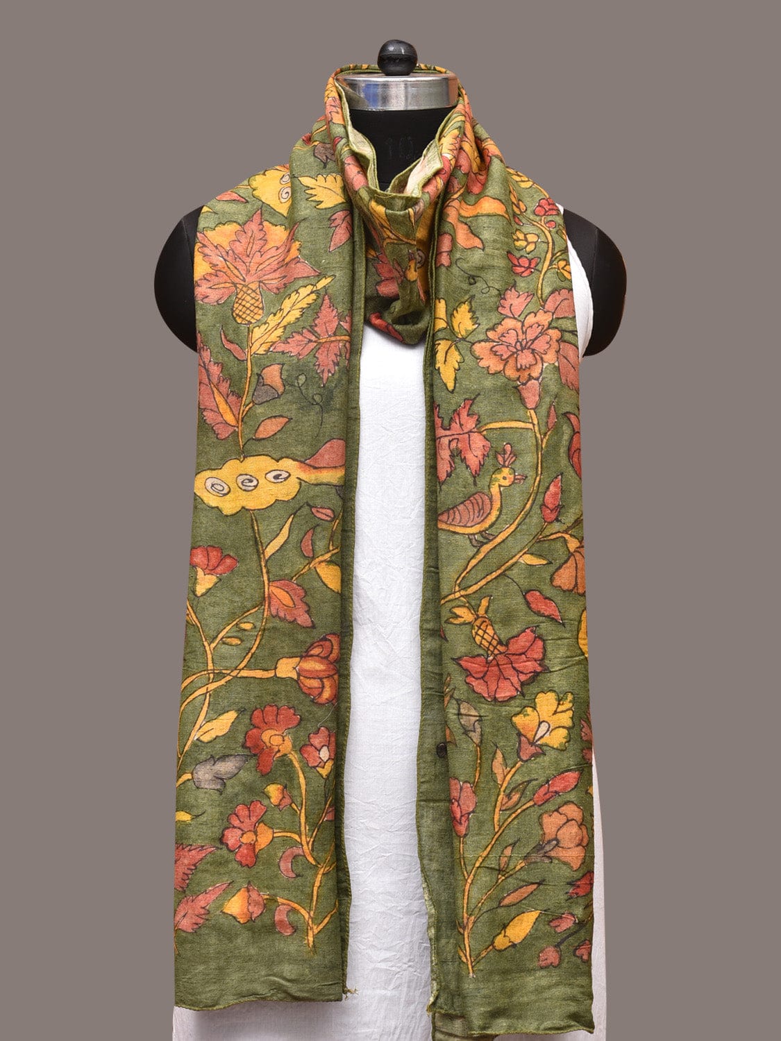 Green Kalamkari Hand Painted Sico Stole with Floral Design ds3346