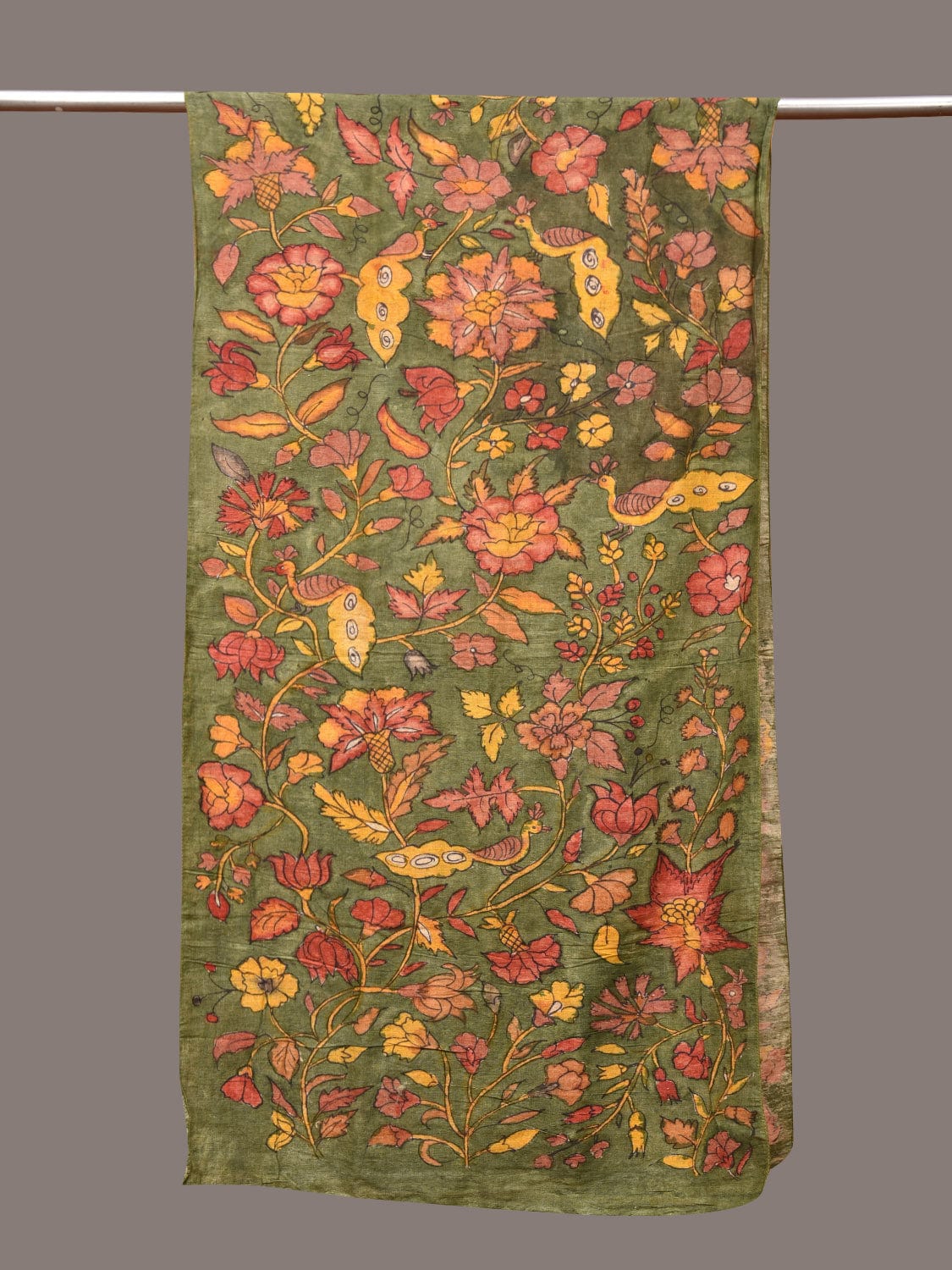 Green Kalamkari Hand Painted Sico Stole with Floral Design ds3346