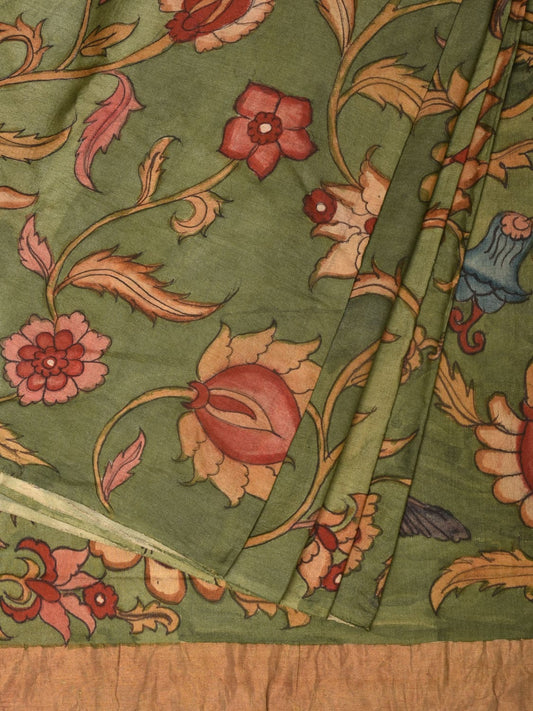 Green Kalamkari Hand Painted Tussar Cotton Handloom Saree with Floral Design KL0752