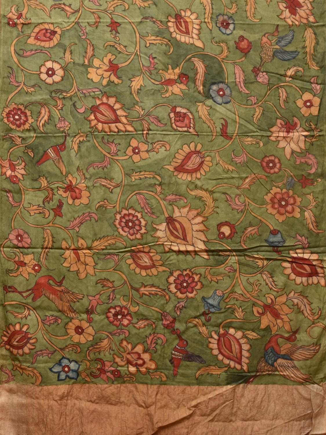 Green Kalamkari Hand Painted Tussar Cotton Handloom Saree with Floral Design KL0752
