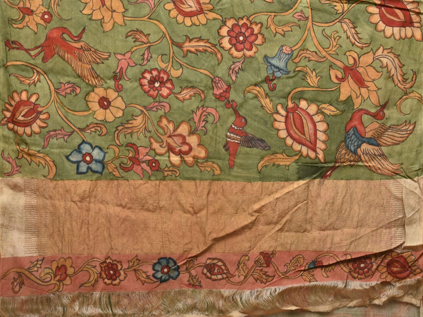 Green Kalamkari Hand Painted Tussar Cotton Handloom Saree with Floral Design KL0752