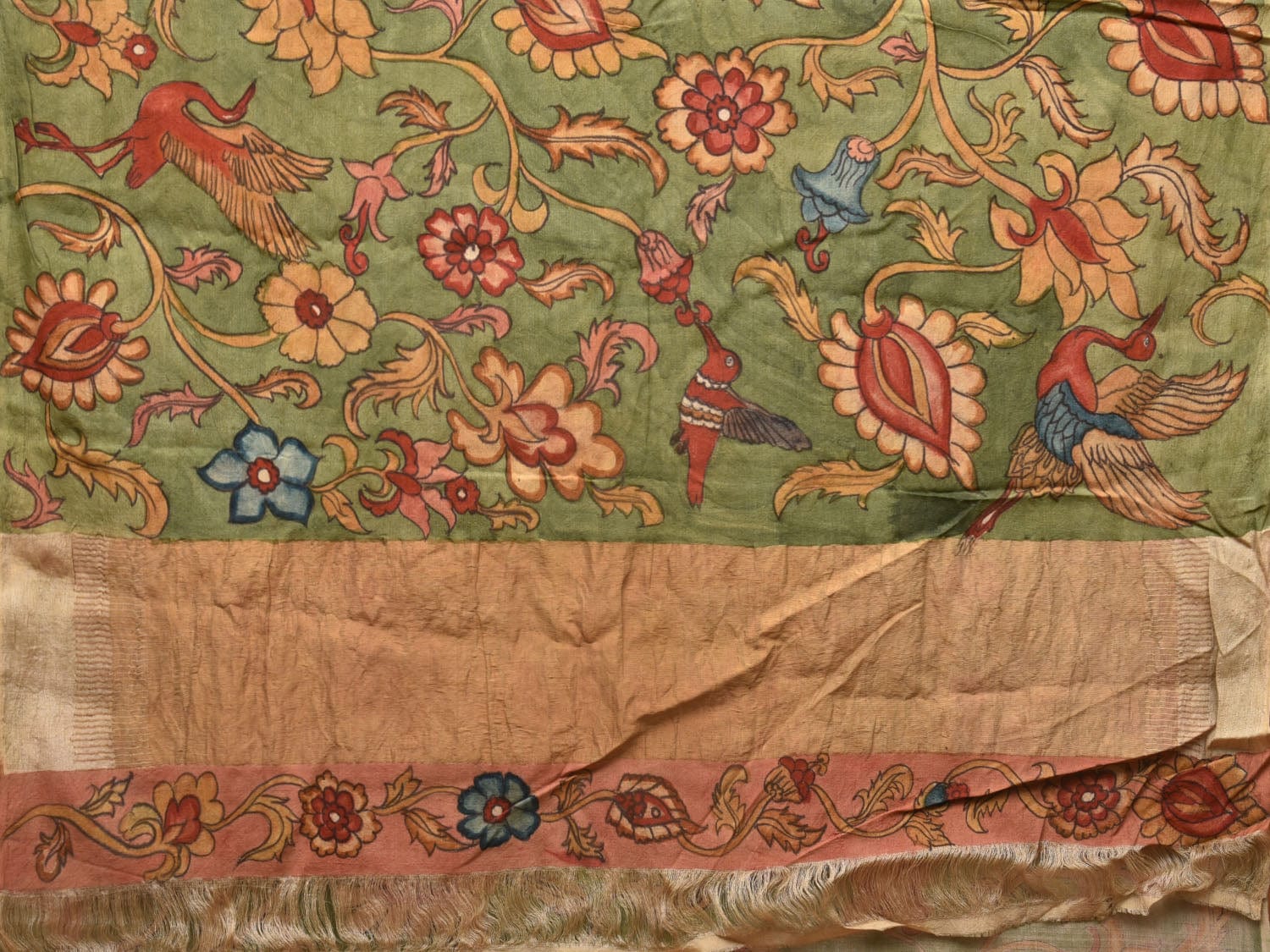 Green Kalamkari Hand Painted Tussar Cotton Handloom Saree with Floral Design KL0752