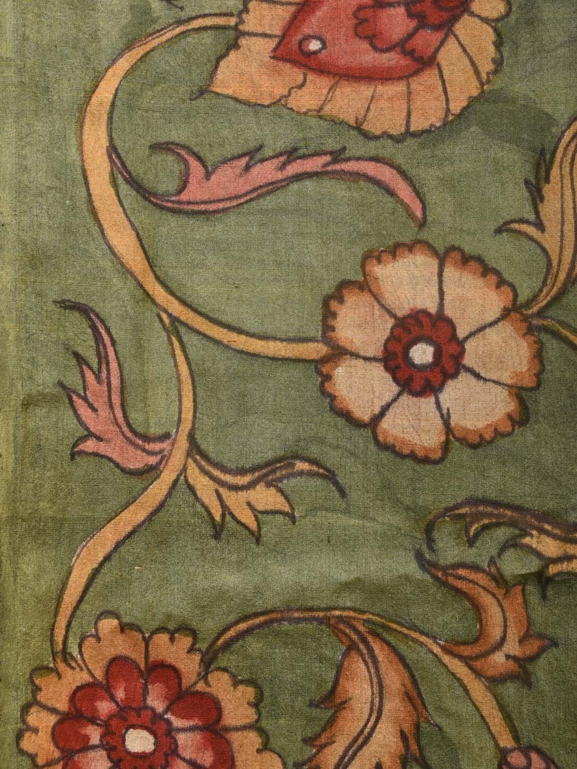 Green Kalamkari Hand Painted Tussar Cotton Handloom Saree with Floral Design KL0752