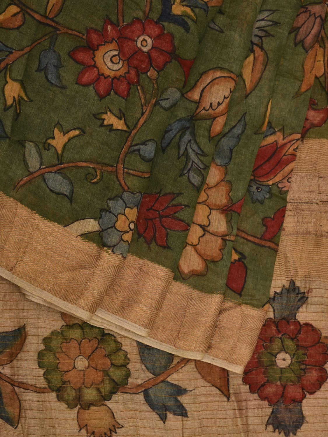 Green Kalamkari Hand Painted Tussar Handloom Saree with Floral Design KL0677