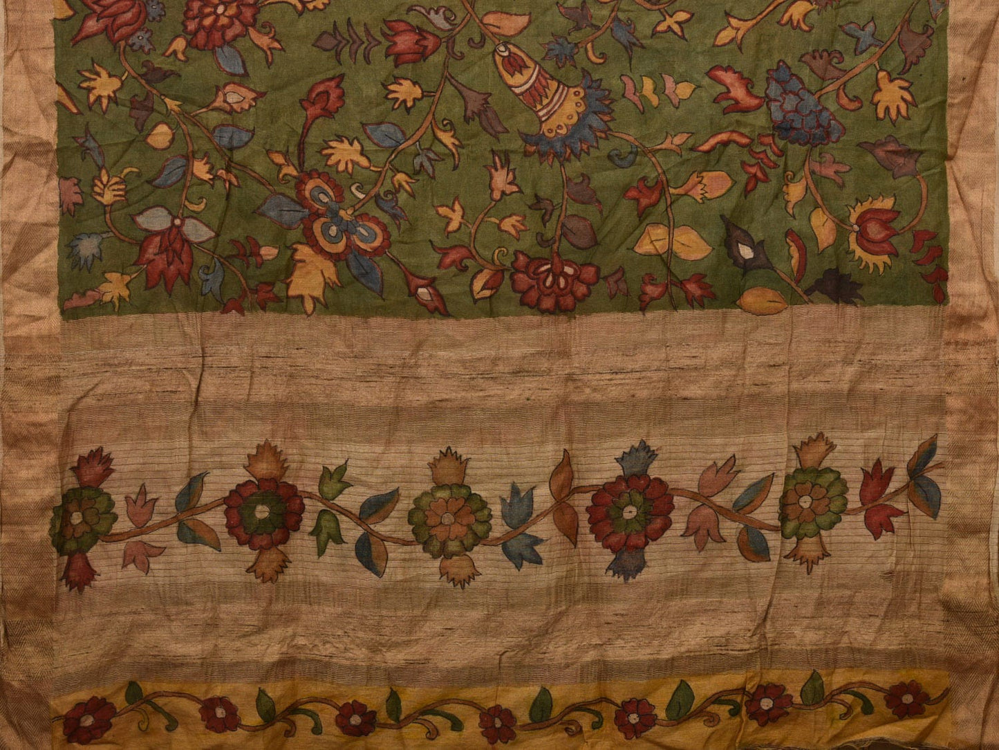 Green Kalamkari Hand Painted Tussar Handloom Saree with Floral Design KL0677