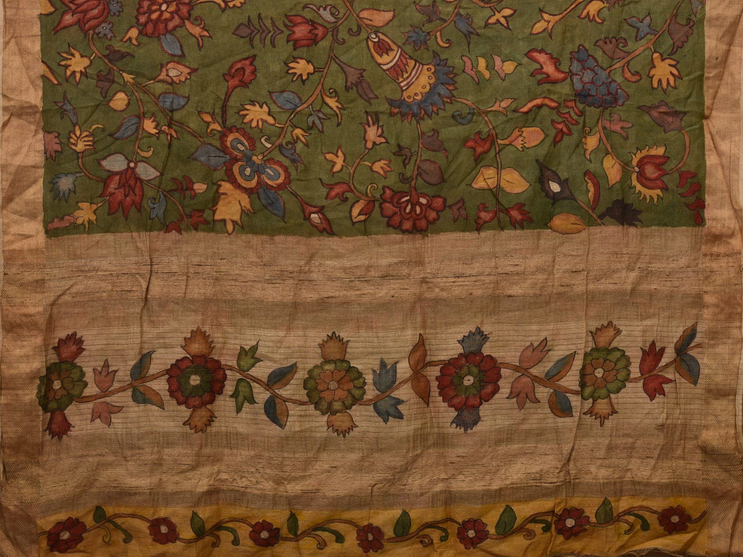 Green Kalamkari Hand Painted Tussar Handloom Saree with Floral Design KL0677