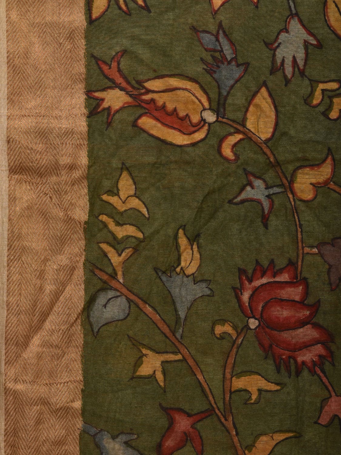 Green Kalamkari Hand Painted Tussar Handloom Saree with Floral Design KL0677