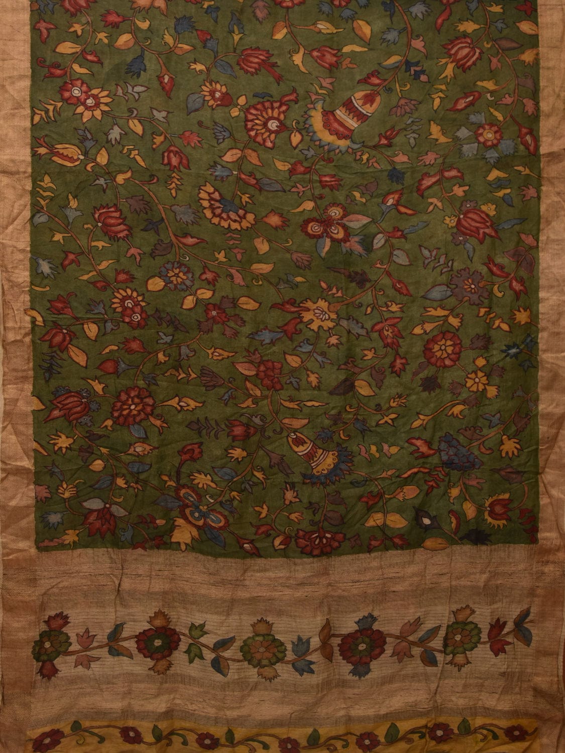 Green Kalamkari Hand Painted Tussar Handloom Saree with Floral Design KL0677
