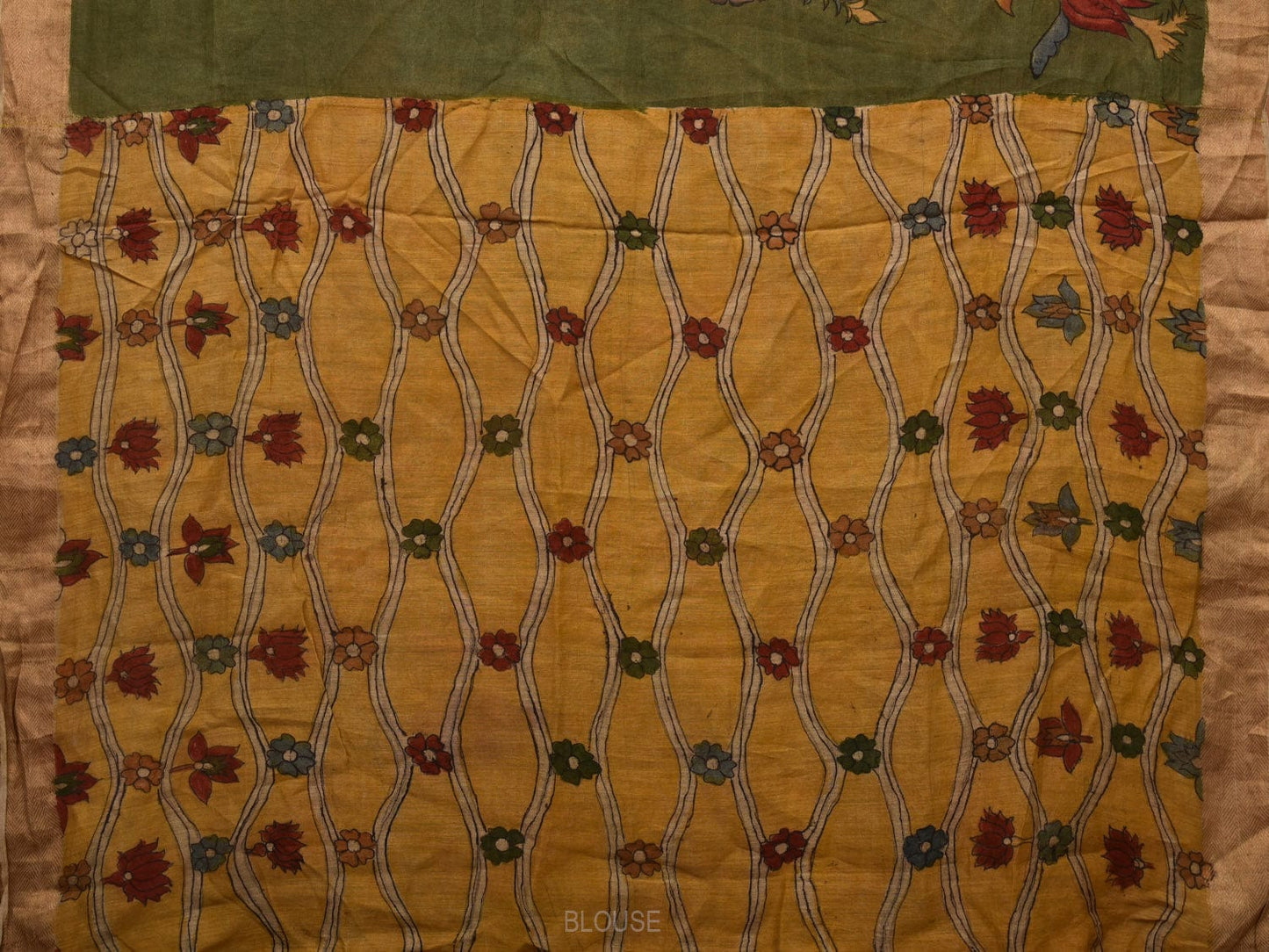 Green Kalamkari Hand Painted Tussar Handloom Saree with Floral Design KL0677