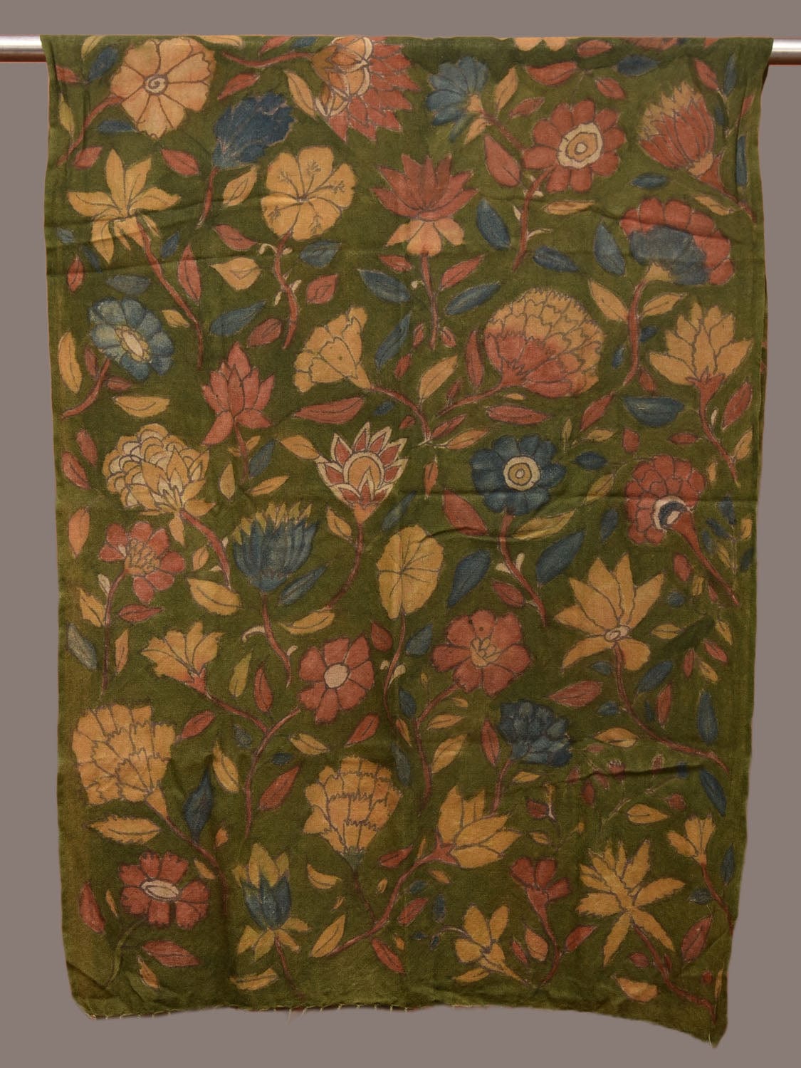 Green Kalamkari Hand Painted Woolen Dupatta with Floral Design ds3213