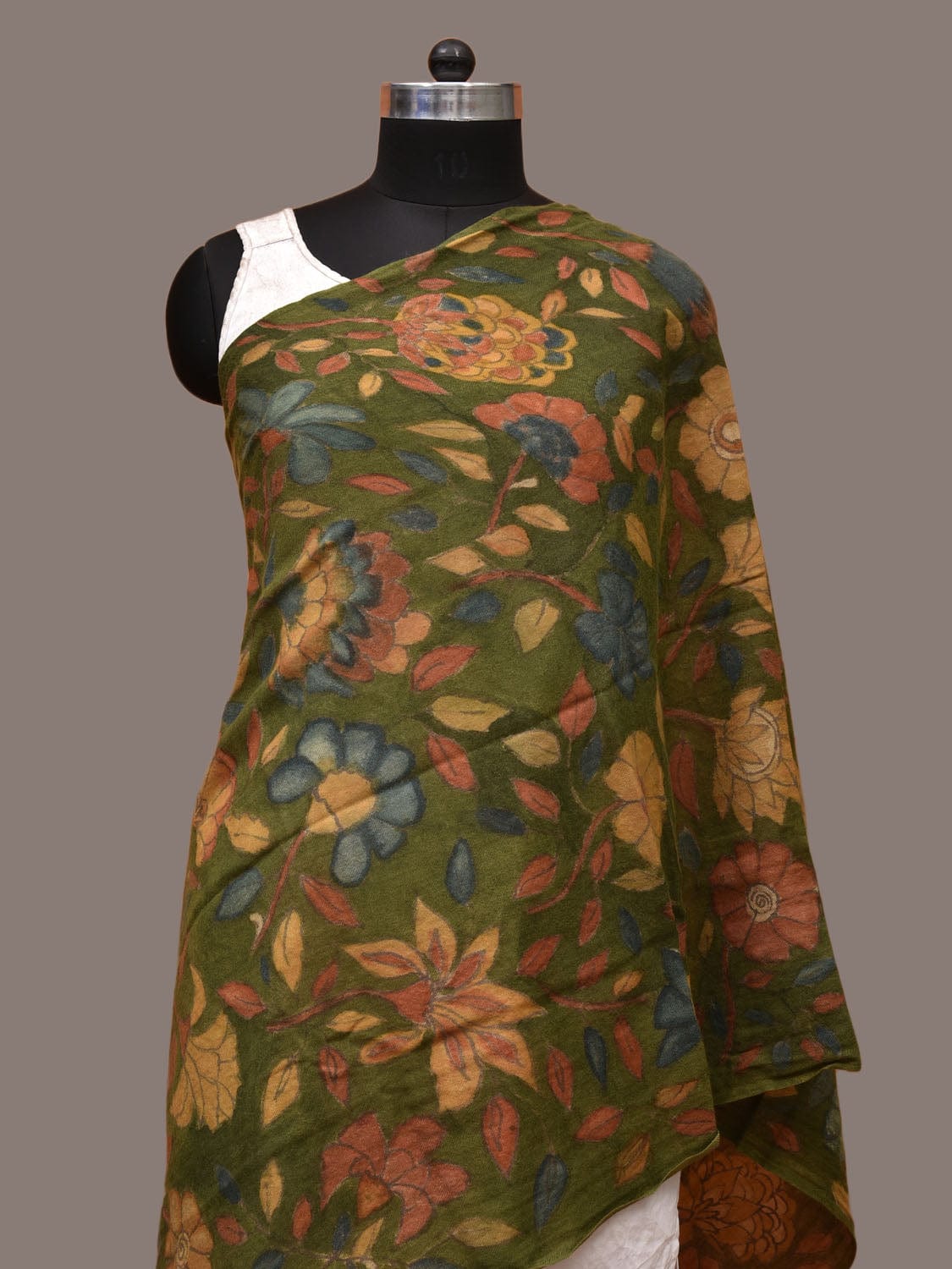 Green Kalamkari Hand Painted Woolen Dupatta with Floral Design ds3213