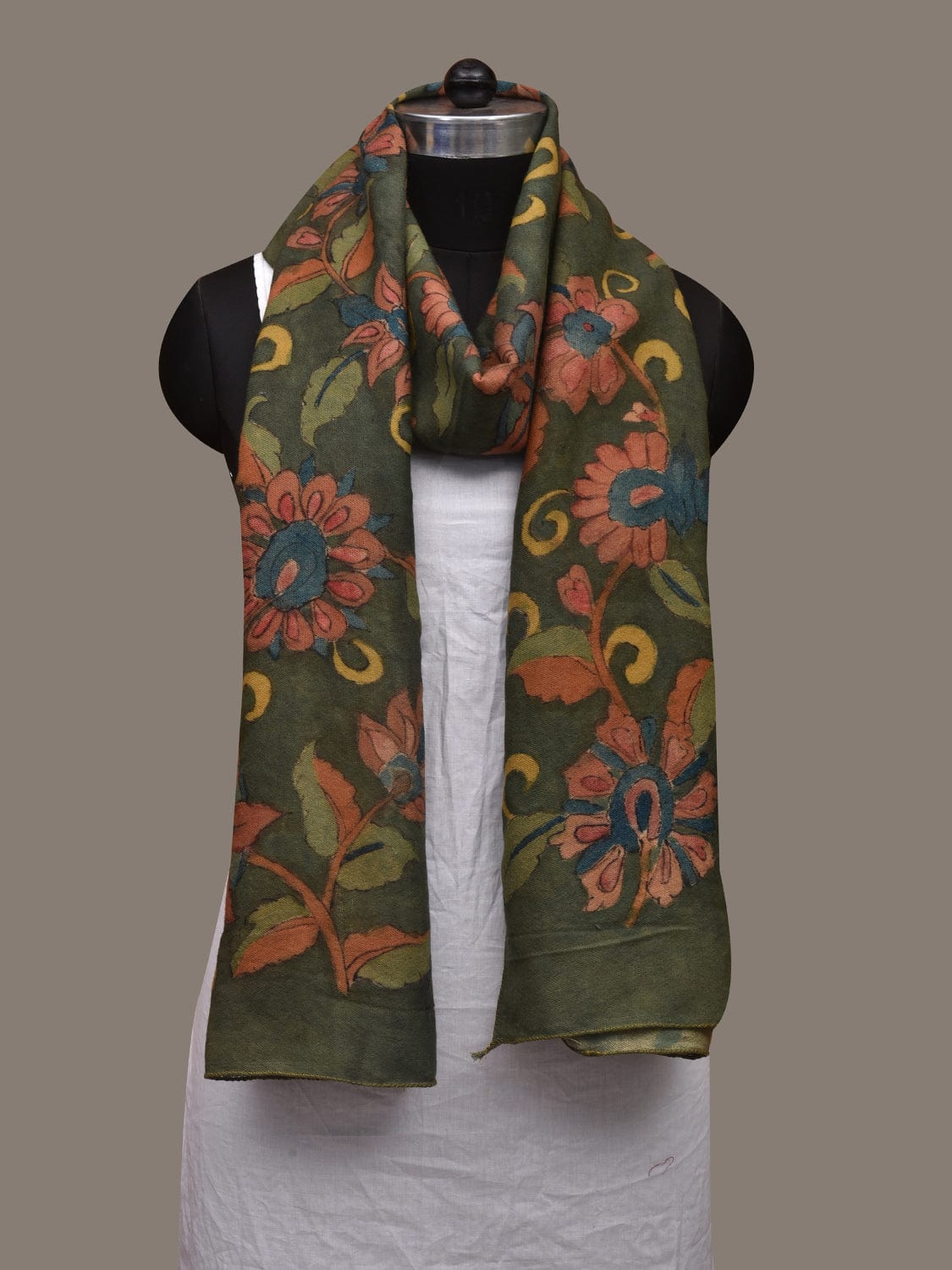 Green Kalamkari Hand Painted Woolen Handloom Stole with Floral Design ds3053