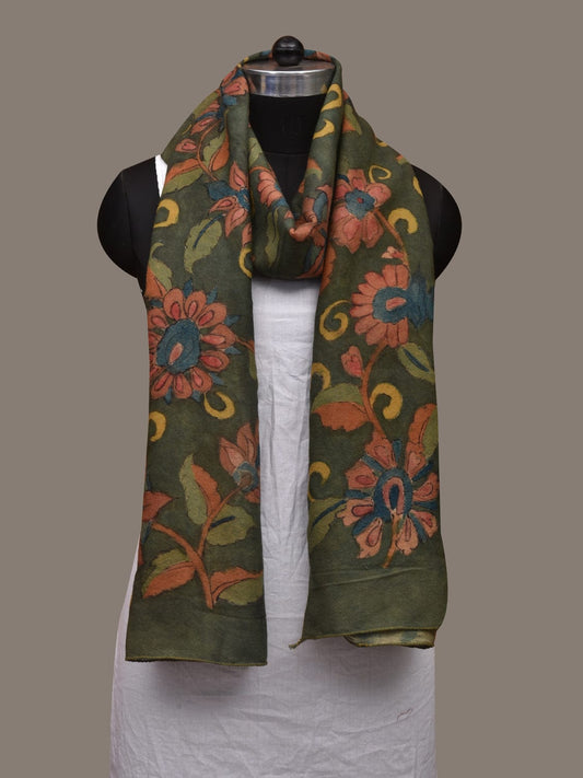 Green Kalamkari Hand Painted Woolen Handloom Stole with Floral Design ds3053