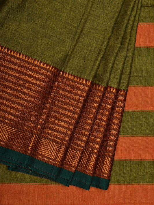 Green Kanchi Cotton Plain Saree wtih One Side Border Design o0316