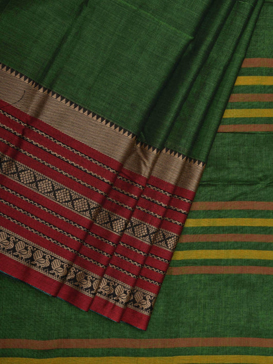 Green Kanchi Cotton Plain Saree wtih One Side Border Design o0320