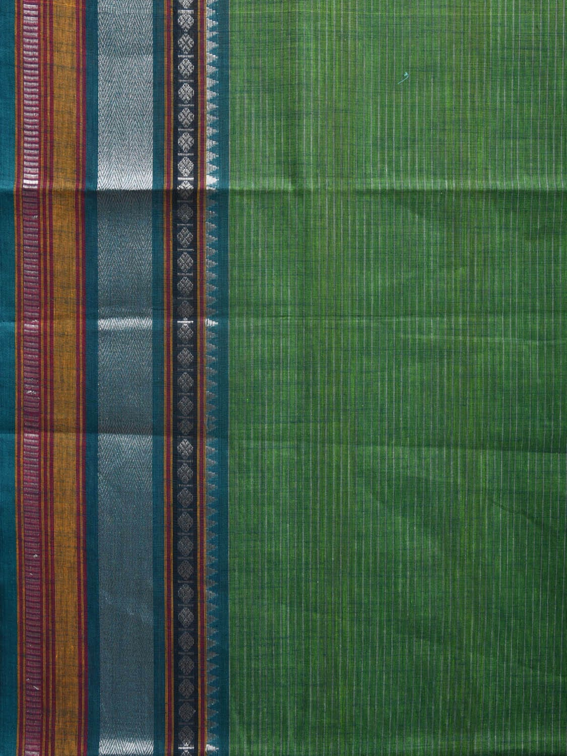 Green Kanchipuram Cotton Handloom Saree with Border and Strips Pallu Design k0535