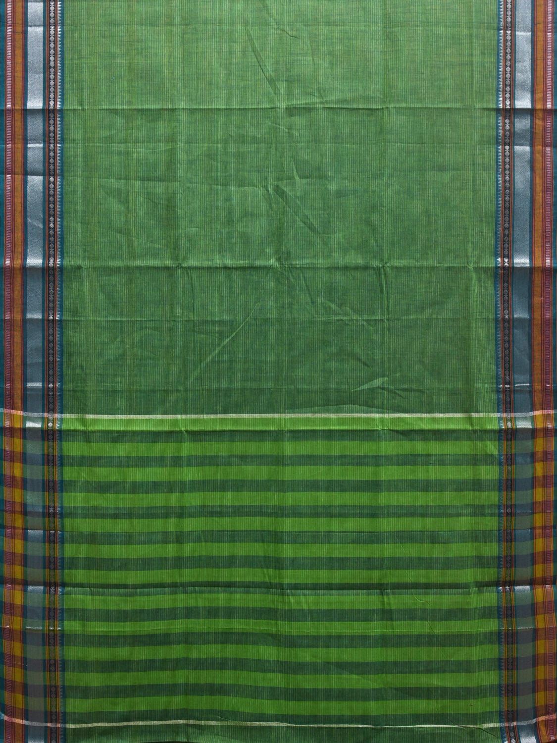 Green Kanchipuram Cotton Handloom Saree with Border and Strips Pallu Design k0535