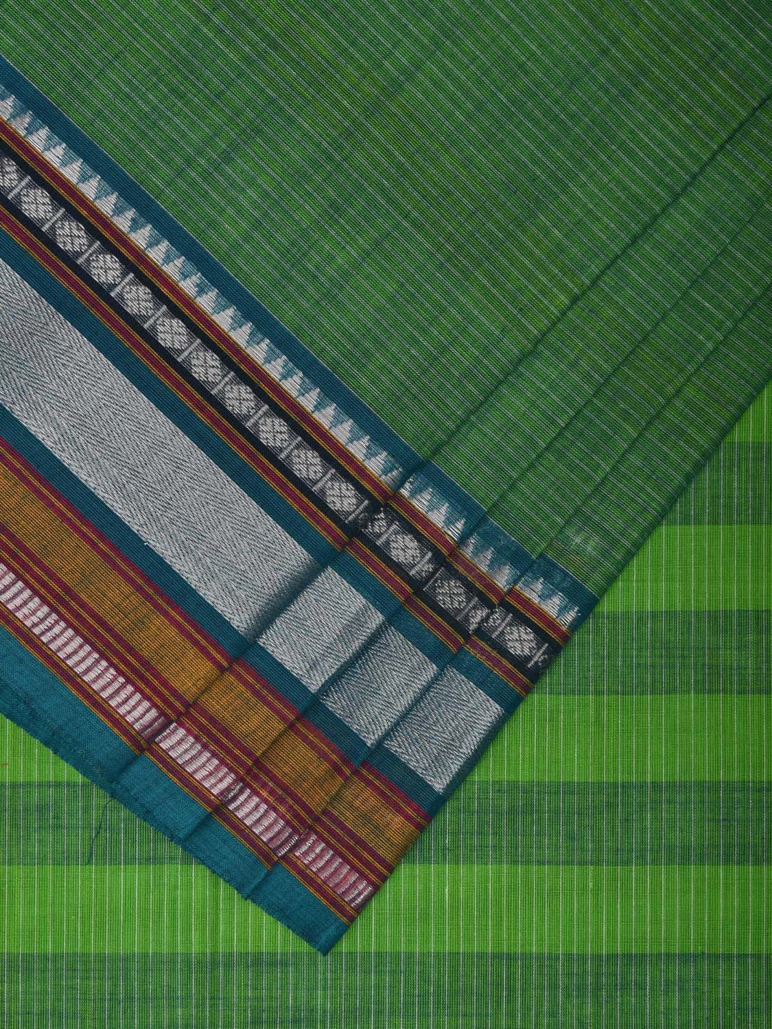 Green Kanchipuram Cotton Handloom Saree with Border and Strips Pallu Design k0535