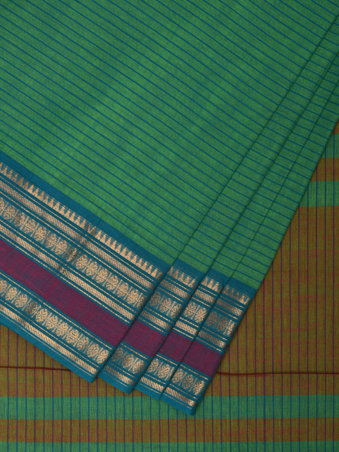 Green Kanchipuram Cotton Handloom Saree with Border and Strips Pallu Design k0542