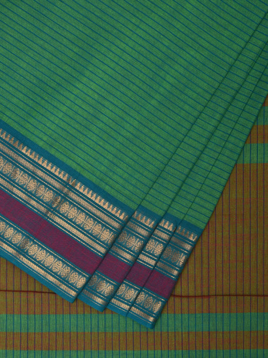 Green Kanchipuram Cotton Handloom Saree with Border and Strips Pallu Design k0542