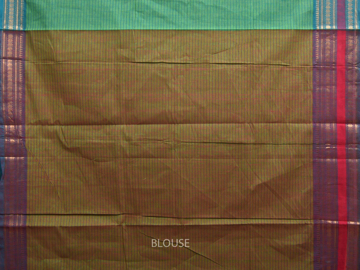 Green Kanchipuram Cotton Handloom Saree with Border and Strips Pallu Design k0542