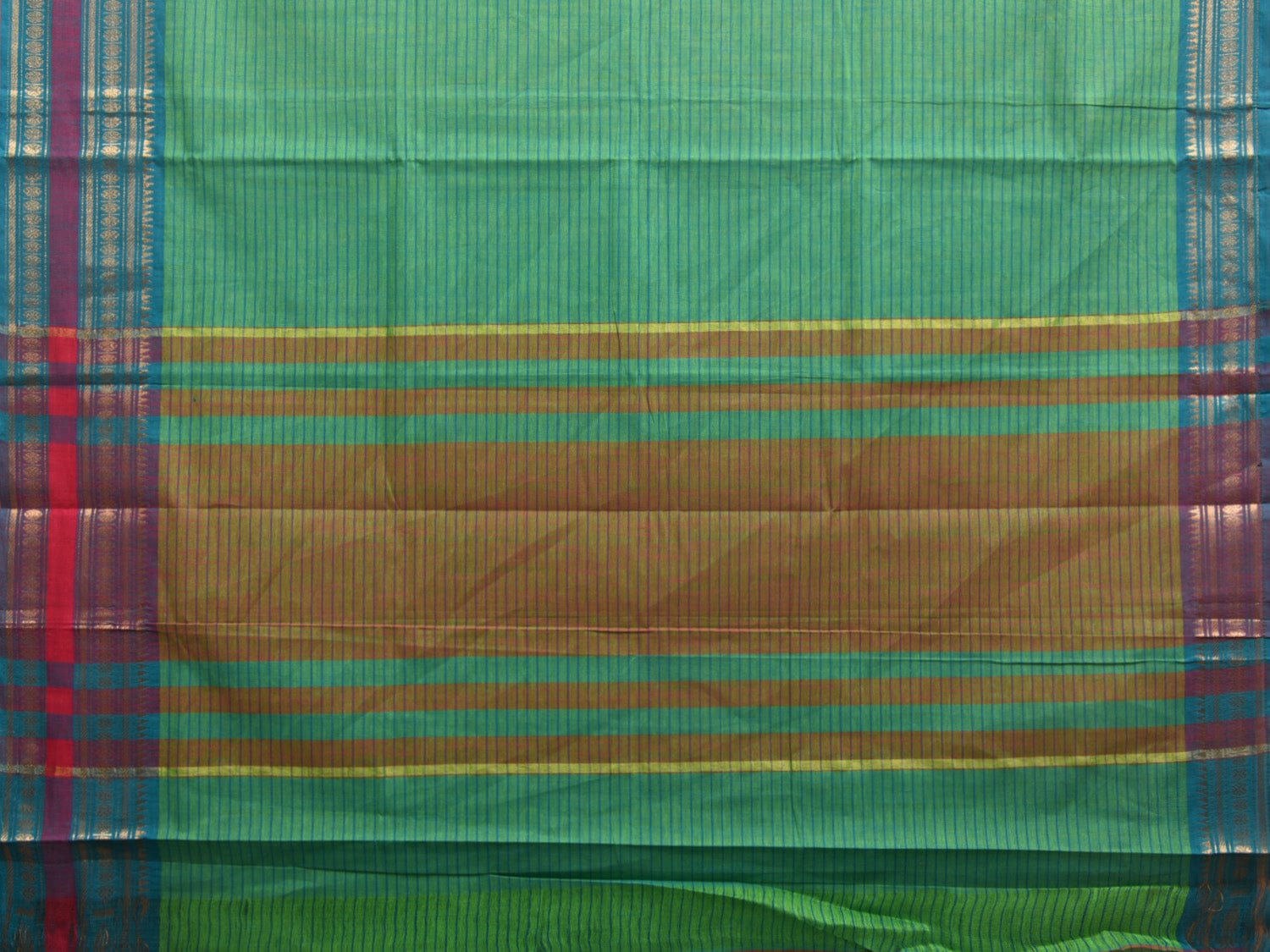 Green Kanchipuram Cotton Handloom Saree with Border and Strips Pallu Design k0542