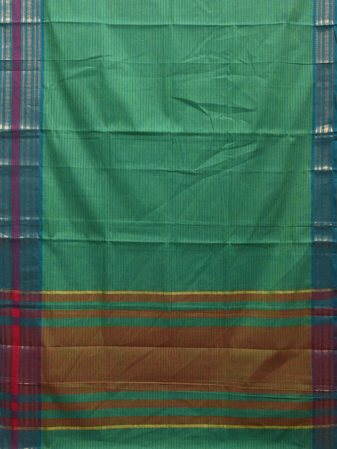Green Kanchipuram Cotton Handloom Saree with Border and Strips Pallu Design k0542