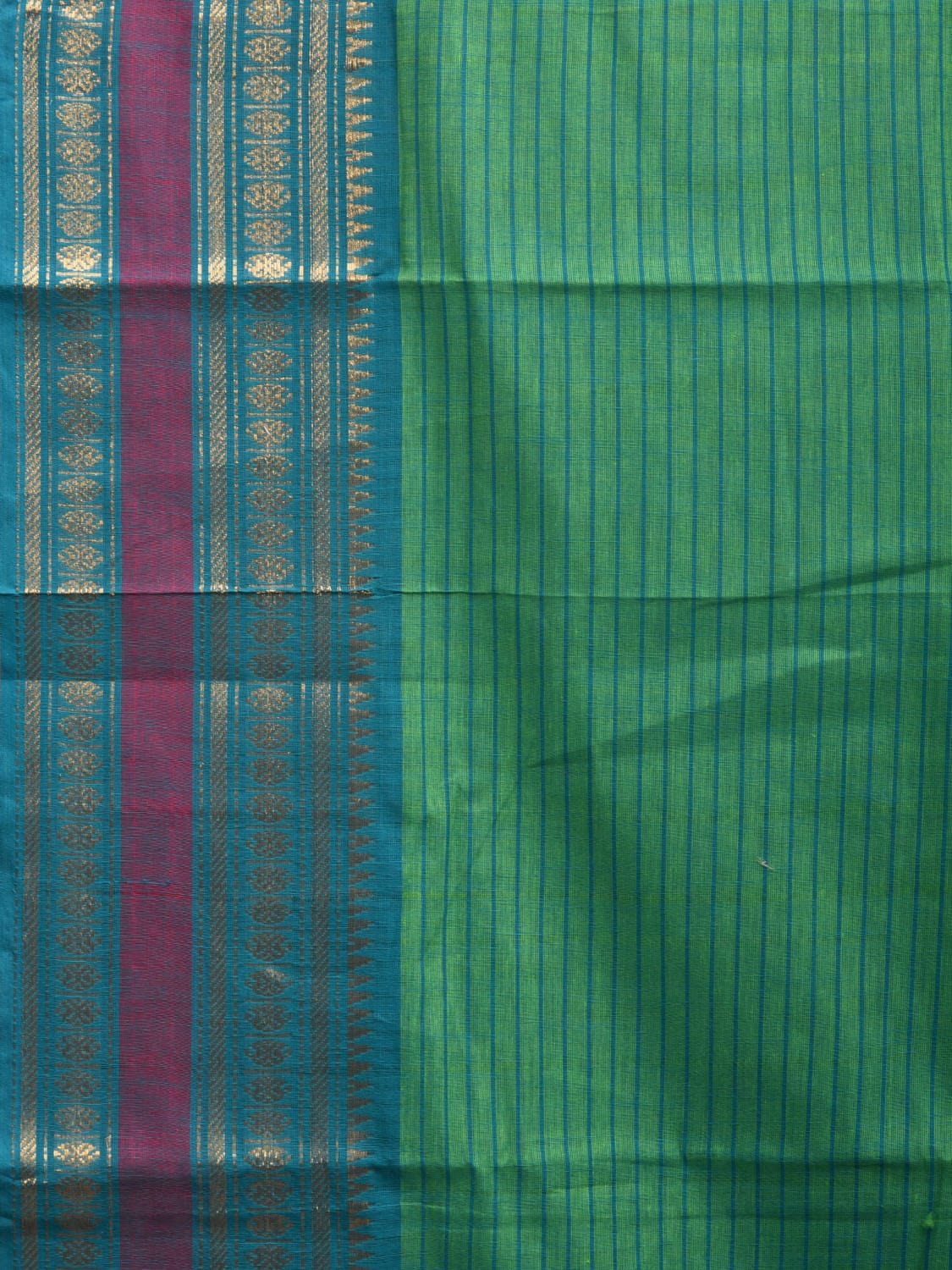 Green Kanchipuram Cotton Handloom Saree with Border and Strips Pallu Design k0542