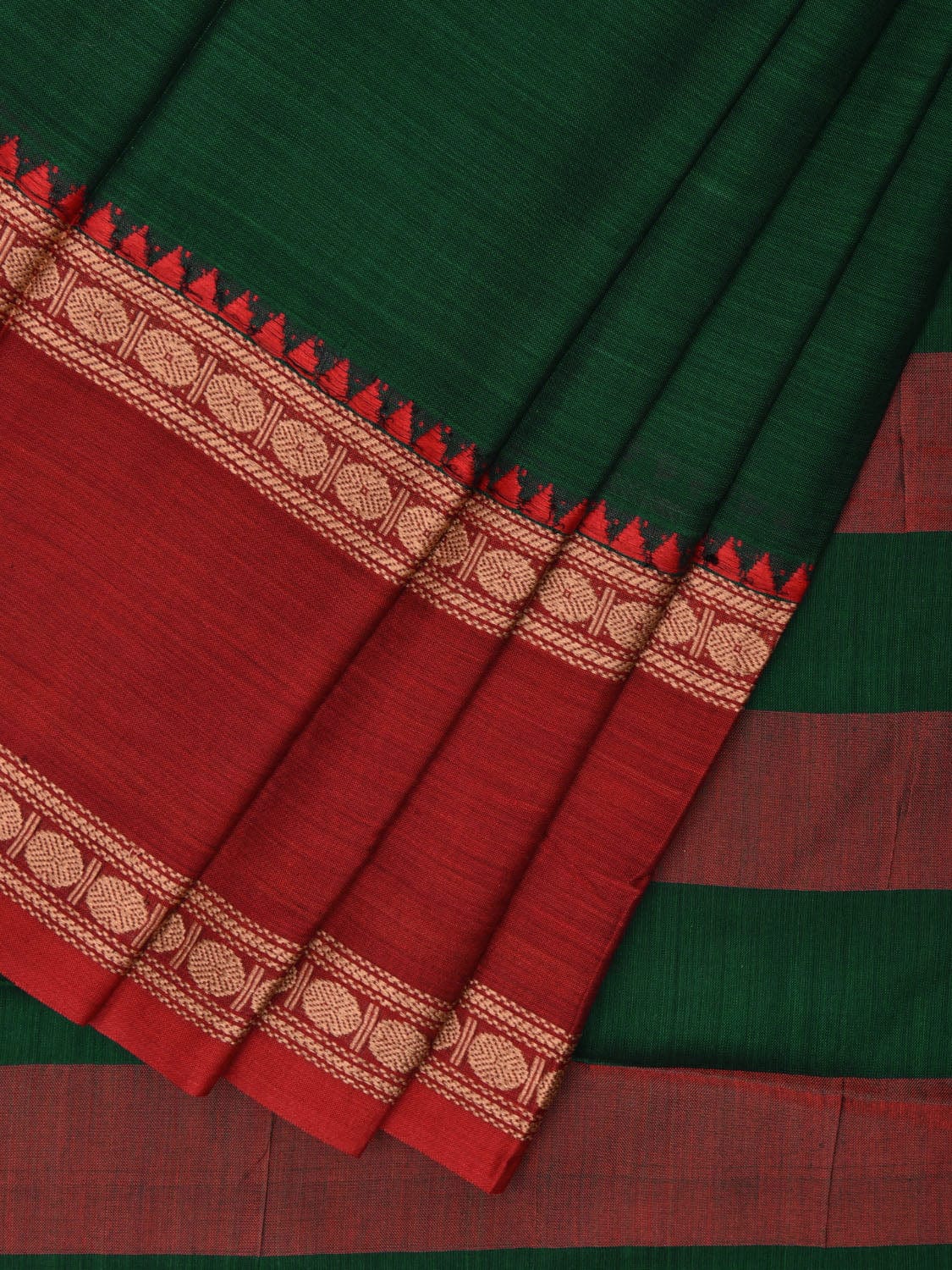 Green Kanchipuram Cotton Plain Saree with Ganga-Jamuna Border and Strips Pallu Design k0716