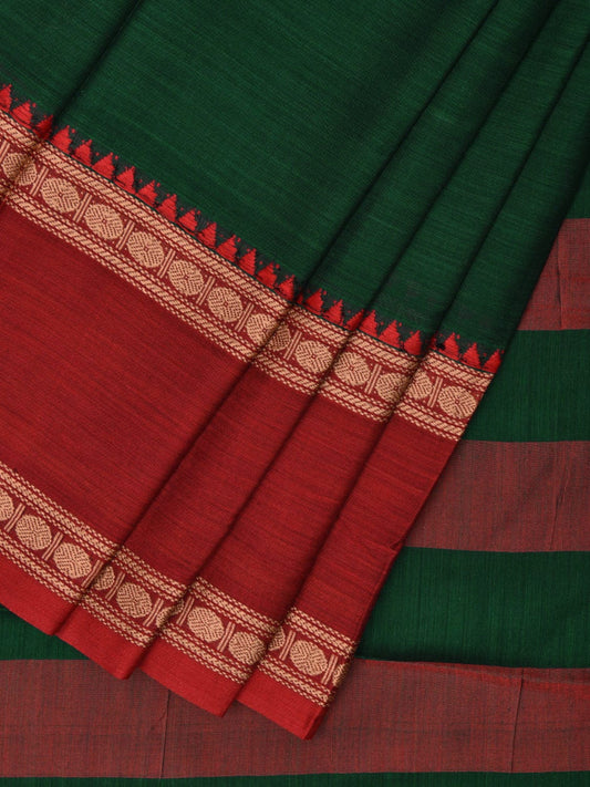 Green Kanchipuram Cotton Plain Saree with Ganga-Jamuna Border and Strips Pallu Design k0716