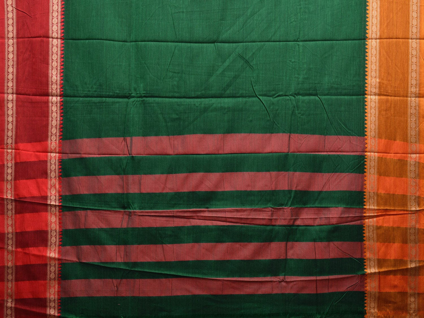 Green Kanchipuram Cotton Plain Saree with Ganga-Jamuna Border and Strips Pallu Design k0716