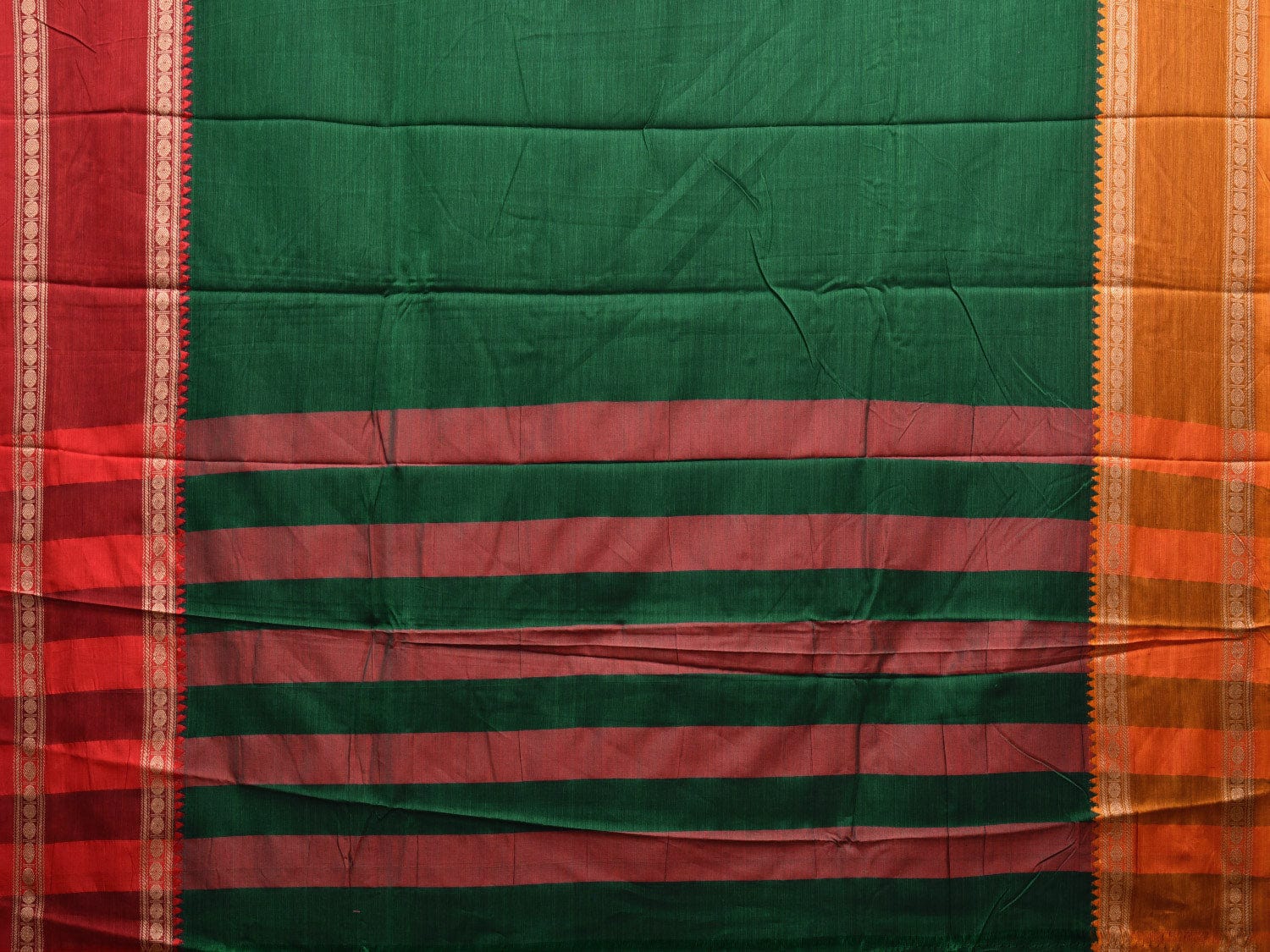 Green Kanchipuram Cotton Plain Saree with Ganga-Jamuna Border and Strips Pallu Design k0716