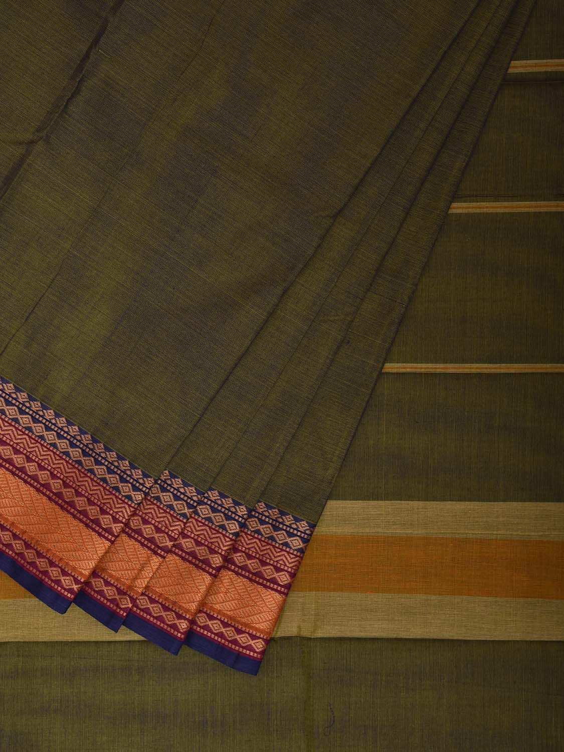 Green Kanchipuram Cotton Plain Saree with Strips and Border Design k0854