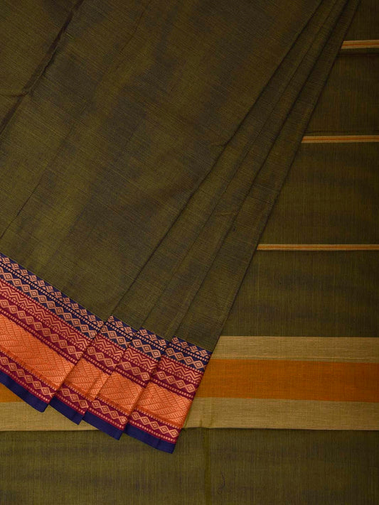 Green Kanchipuram Cotton Plain Saree with Strips and Border Design k0854