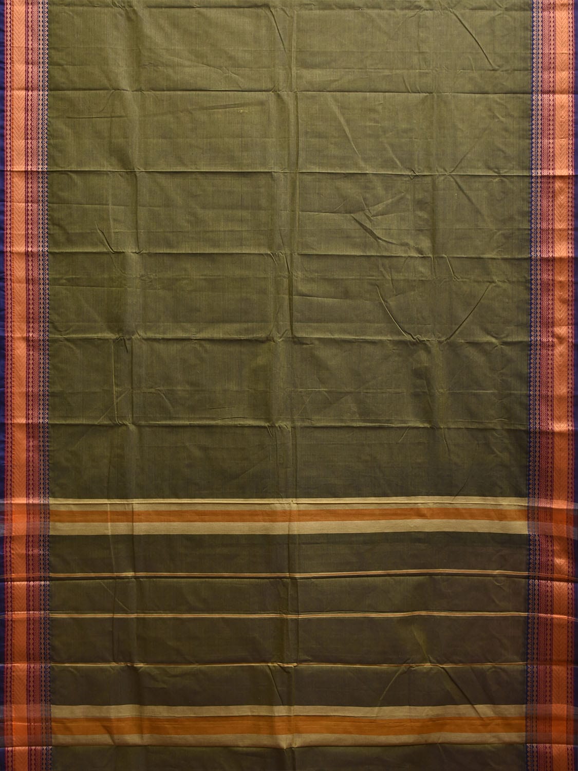 Green Kanchipuram Cotton Plain Saree with Strips and Border Design k0854