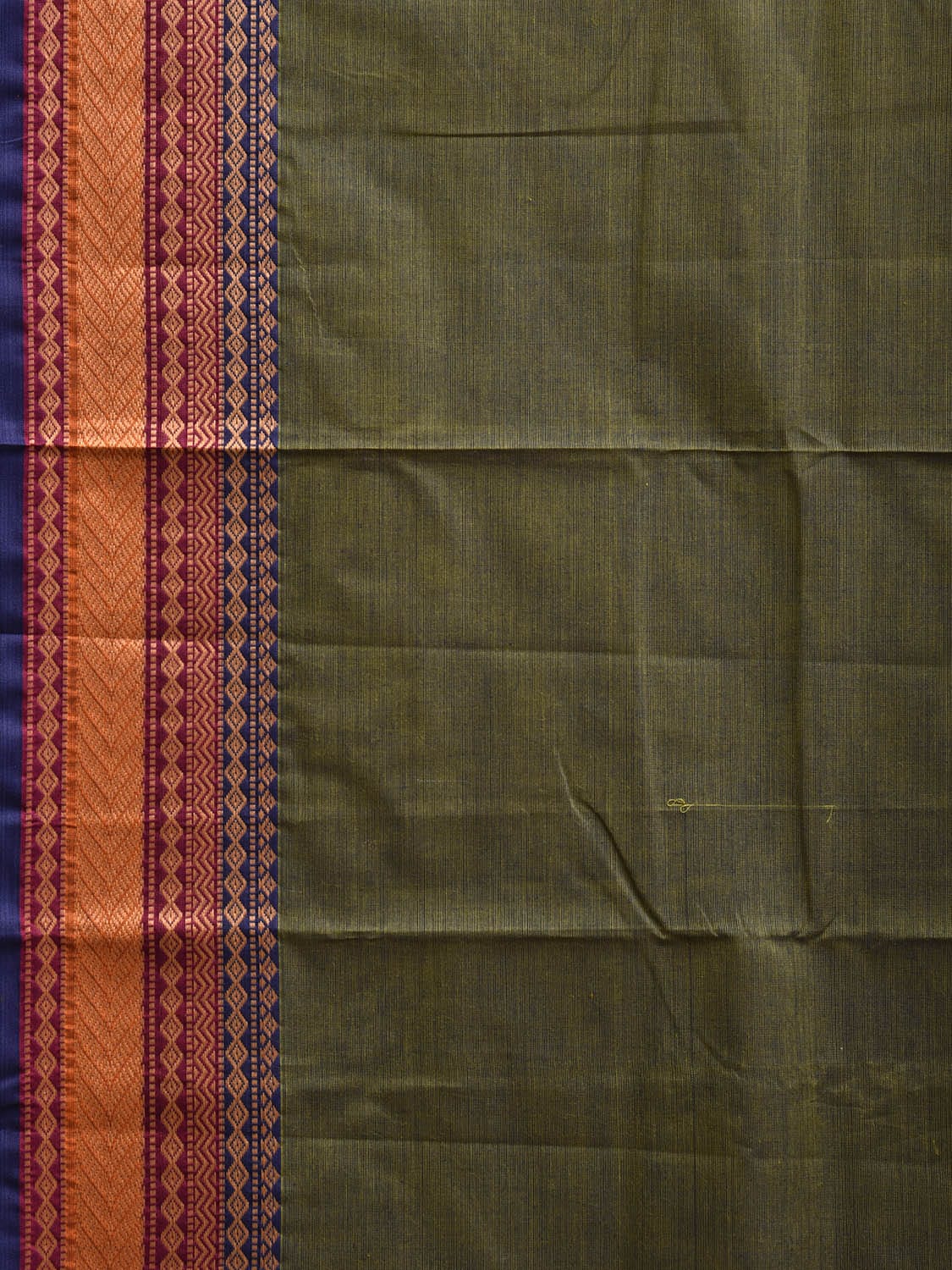 Green Kanchipuram Cotton Plain Saree with Strips and Border Design k0854