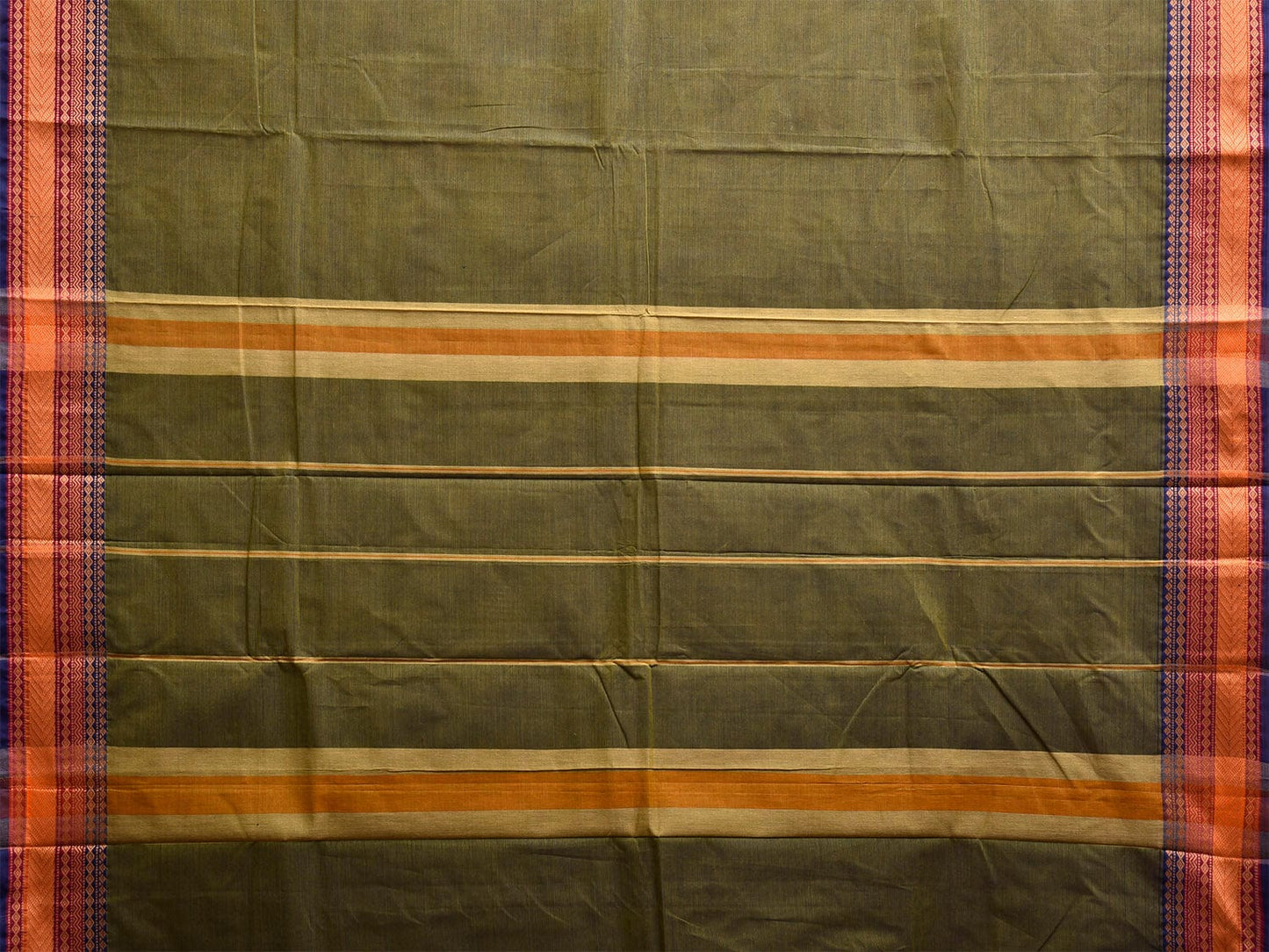 Green Kanchipuram Cotton Plain Saree with Strips and Border Design k0854