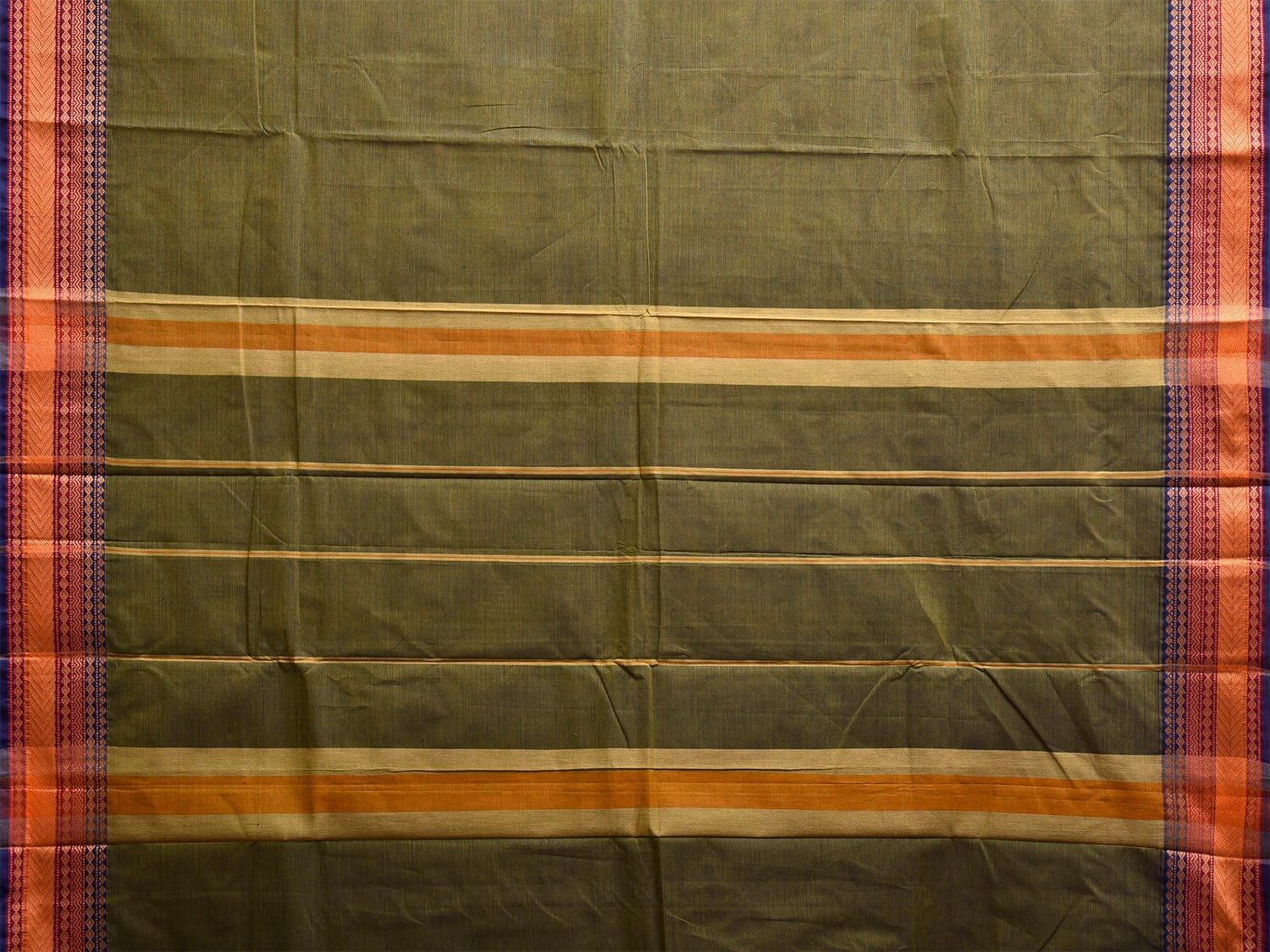 Green Kanchipuram Cotton Plain Saree with Strips and Border Design k0854