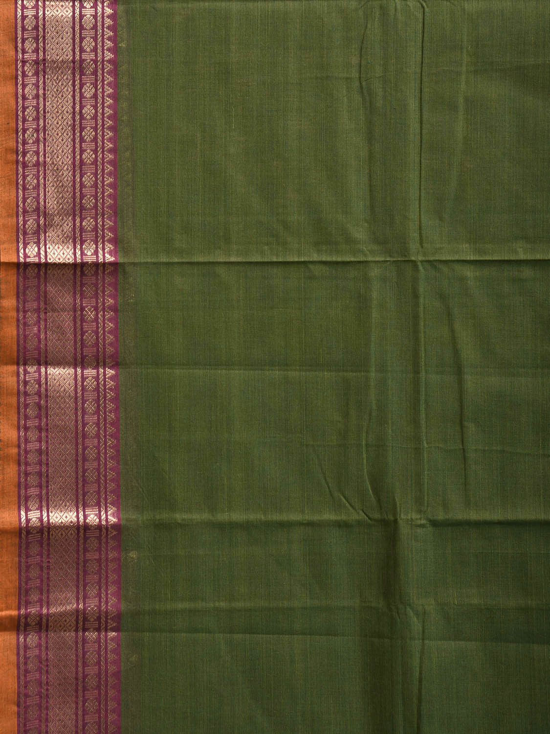 Green Kanchipuram Cotton Plain Saree with Strips and Border Design k0857