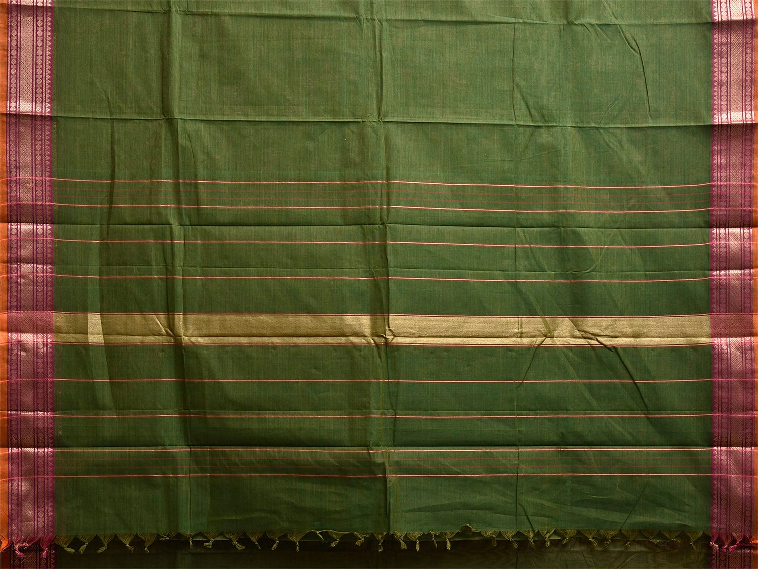 Green Kanchipuram Cotton Plain Saree with Strips and Border Design k0857