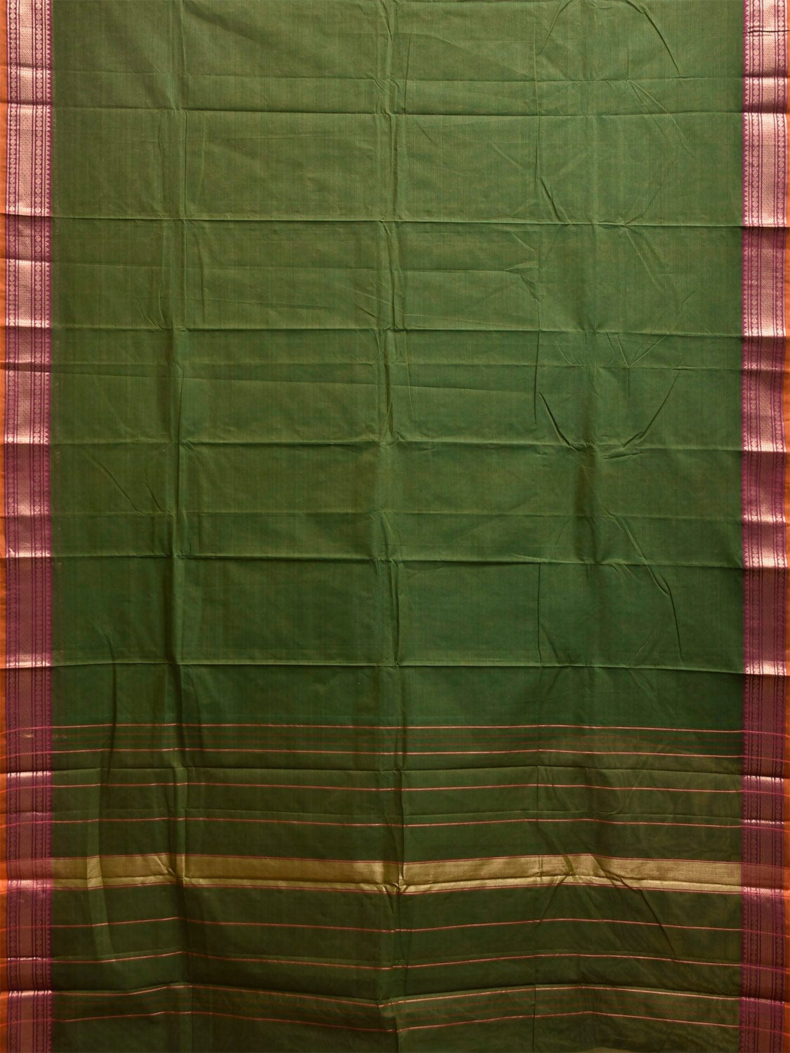 Green Kanchipuram Cotton Plain Saree with Strips and Border Design k0857