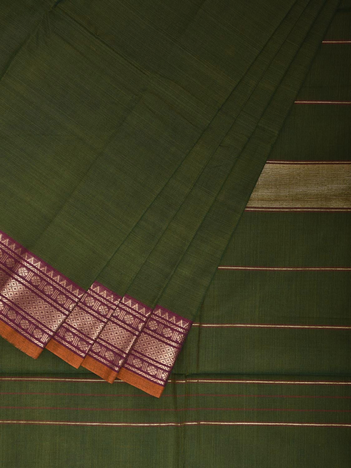 Green Kanchipuram Cotton Plain Saree with Strips and Border Design k0857