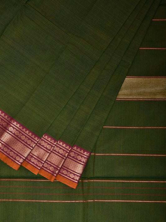 Green Kanchipuram Cotton Plain Saree with Strips and Border Design k0857