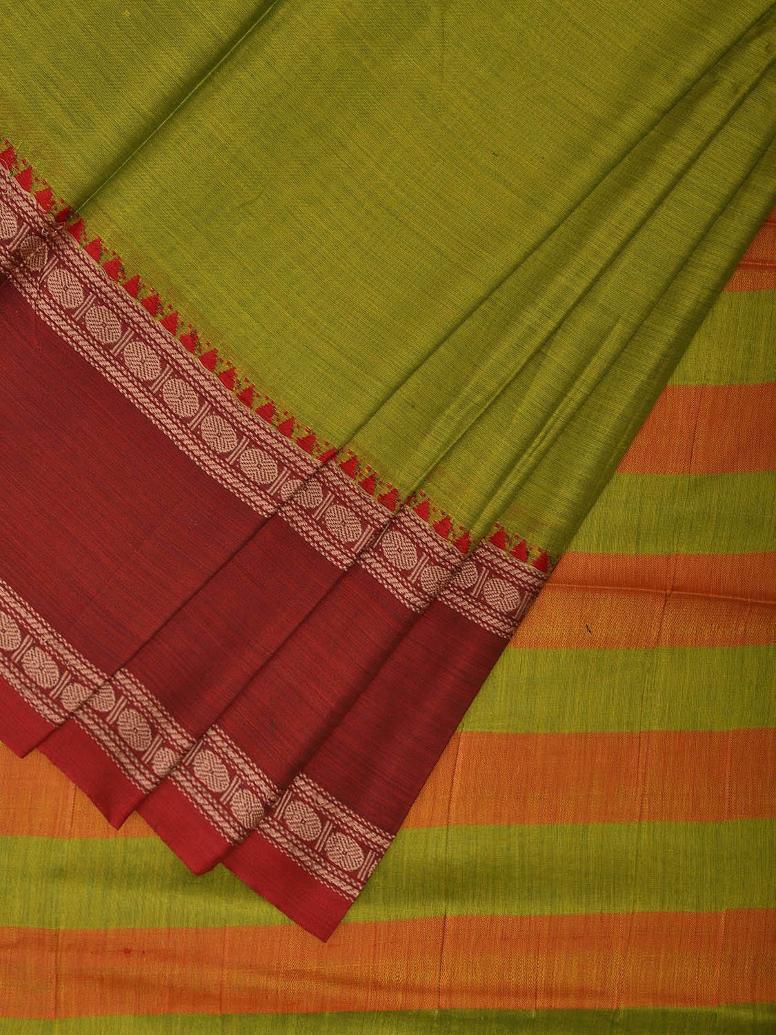 Green Kanchipuram Cotton Saree with Ganga-Jamuna Border Design k0776