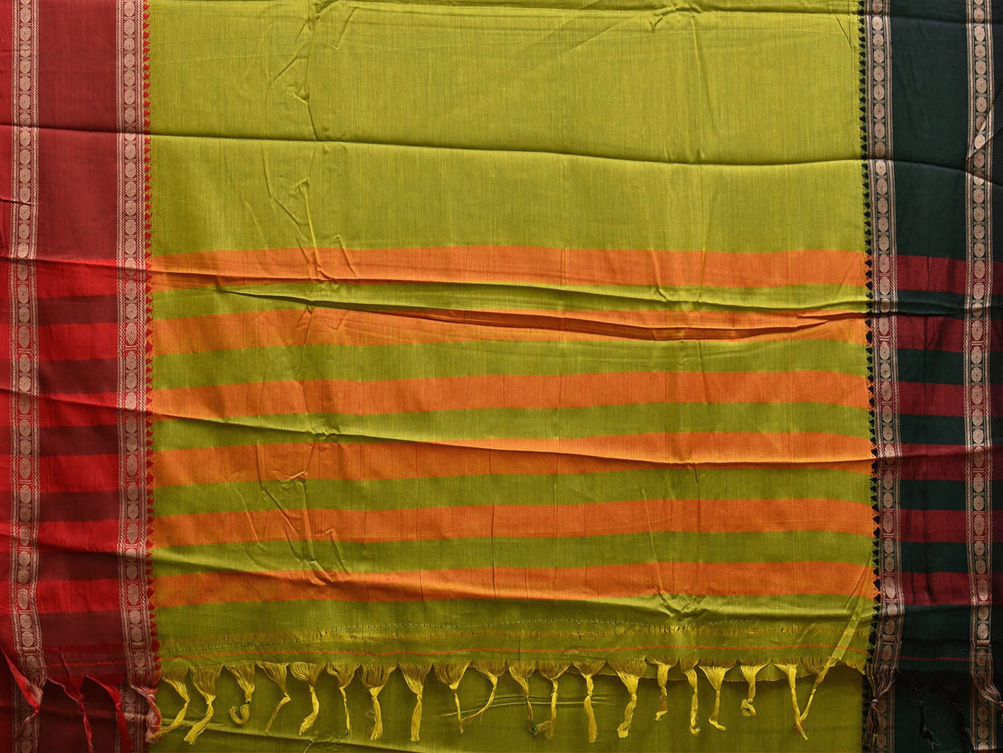 Green Kanchipuram Cotton Saree with Ganga-Jamuna Border Design k0776