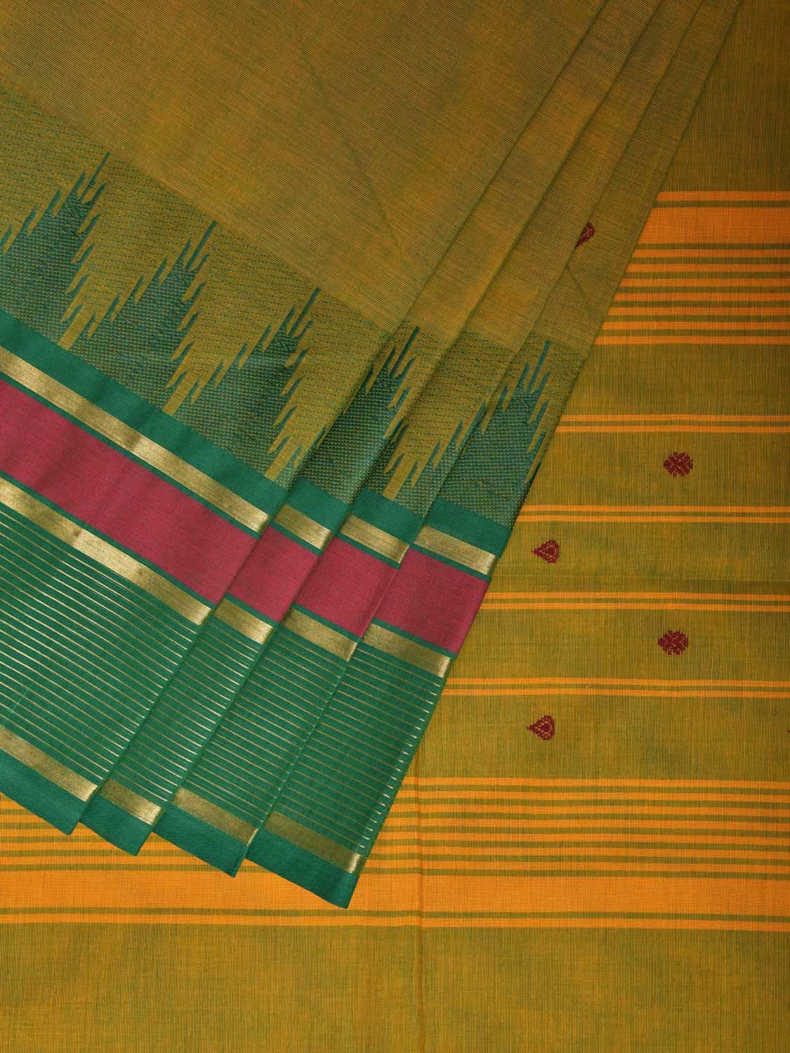 Green Kanchipuram Cotton Saree with Ganga-Jamuna Temple Border Design k0811